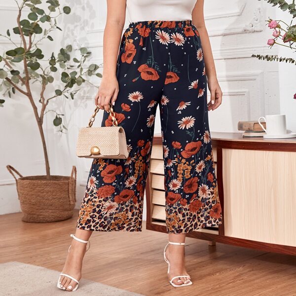 

Plus Floral Print Capris Wide Leg Pants, Navy blue