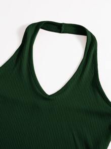 SHEIN EZwear Rib-Knit Crop Halter Top - Dark Green - View 5