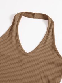 SHEIN EZwear Rib-Knit Crop Halter Top - Khaki - View 5