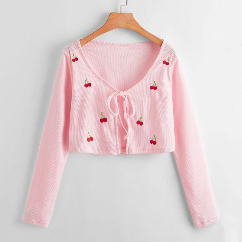 

Cherry Embroidery Tie Front Ribbed Top, Baby pink