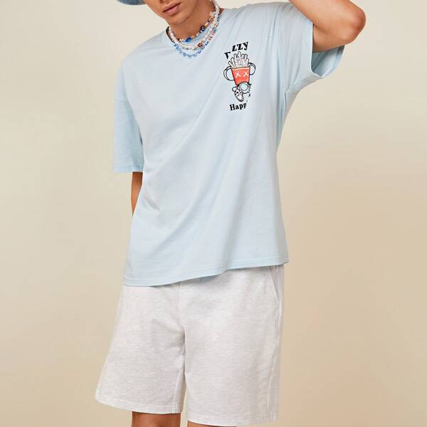

Men Drop Shoulder Cartoon Graphic Top & Shorts Set, Multicolor