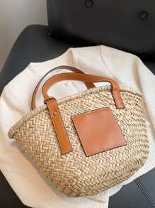 PU Splicing Straw Tote Bag