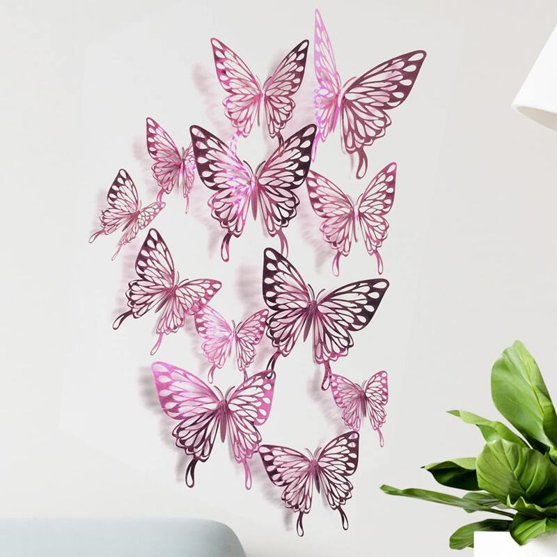 

12pcs 3D Butterfly Sticker, Hot pink