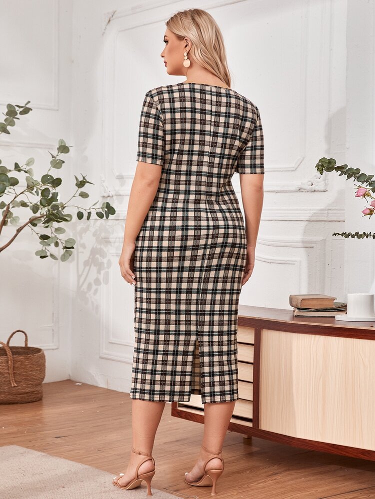 SHEIN Clasi Đầm Plus Size Sọc ca rô Thanh lịch - Màu be - Xem 2