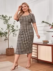 SHEIN Clasi 大碼大圓領格紋洋裝 - 杏色 - 查看 3