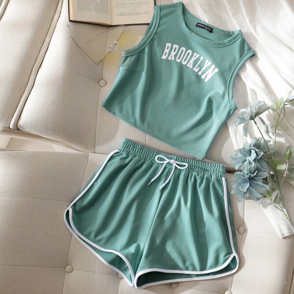 

Letter Graphic Tank Top & Track Shorts Set, Green