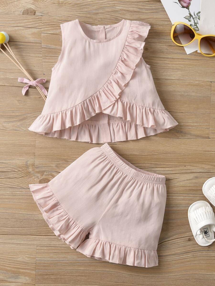 Camisa cruzada sin manga con fruncido con shorts - Rosa - Ver 1