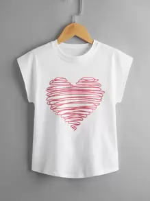 SHEIN Camiseta De Corazón Impresa Para Niñas Preadolescentes