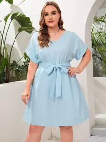 SHEIN Plus Roll Up Sleeve Solid Belted Dress - Mint Blue - View 1