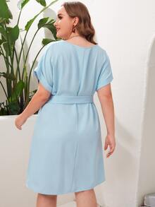 SHEIN Plus Roll Up Sleeve Solid Belted Dress - Mint Blue - View 2