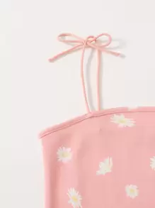 SHEIN Cô gái Tween Dây đeo thắt nút Viền chia cắt Váy hoa - Màu Hồng  San hô - Xem 3