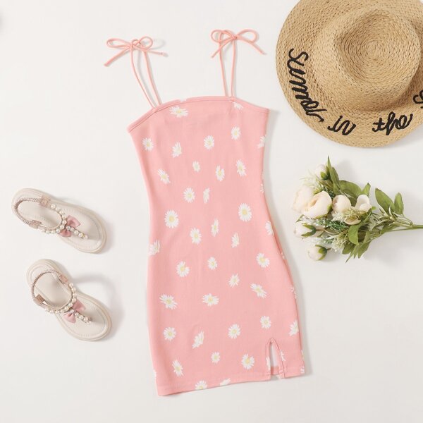 

Girls Knot Strap Split Hem Floral Dress, Coral pink