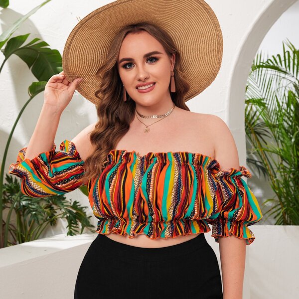 

Plus Off Shoulder Frill Trim Striped Top, Multicolor