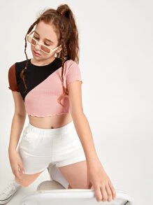 SHEIN Teen Girls Lettuce Trim Colourblock Tee - Multicolor - View 1