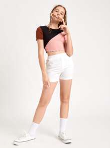 SHEIN Teen Girls Lettuce Trim Colourblock Tee - Multicolor - View 3