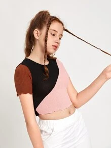 SHEIN Teen Girls Lettuce Trim Colourblock Tee - Multicolor - View 4