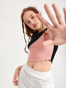 SHEIN Teen Girls Lettuce Trim Colourblock Tee - Multicolor - View 5