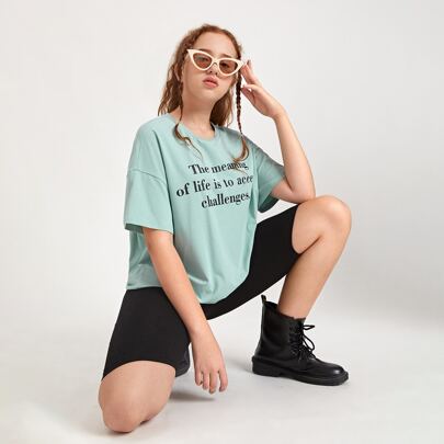 Teen Girls Drop Shoulder Slogan Graphic Tee