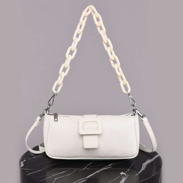 

Minimalist Buckle Decor Baguette Bag, White