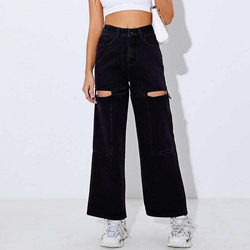

High Waist Cut-out Wide Leg Jeans, Black