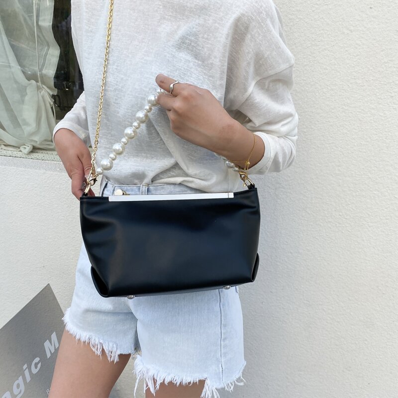 

Faux Pearl Beaded Satchel Bag, Black