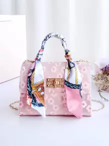 Bow Decor Mini Skinny Scarf Decor Floral Embroidered Chain Bag - Pink - View 1