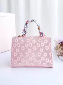 Bow Decor Mini Skinny Scarf Decor Floral Embroidered Chain Bag - Pink - View 2