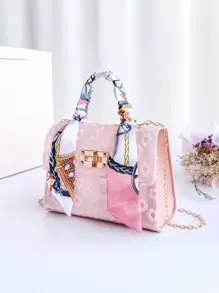 Bow Decor Mini Skinny Scarf Decor Floral Embroidered Chain Bag - Pink - View 3
