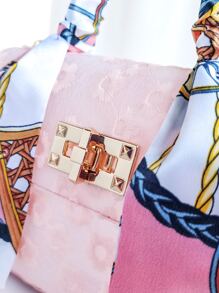 Bow Decor Mini Skinny Scarf Decor Floral Embroidered Chain Bag - Pink - View 4