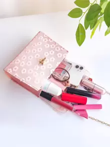 Bow Decor Mini Skinny Scarf Decor Floral Embroidered Chain Bag - Pink - View 5