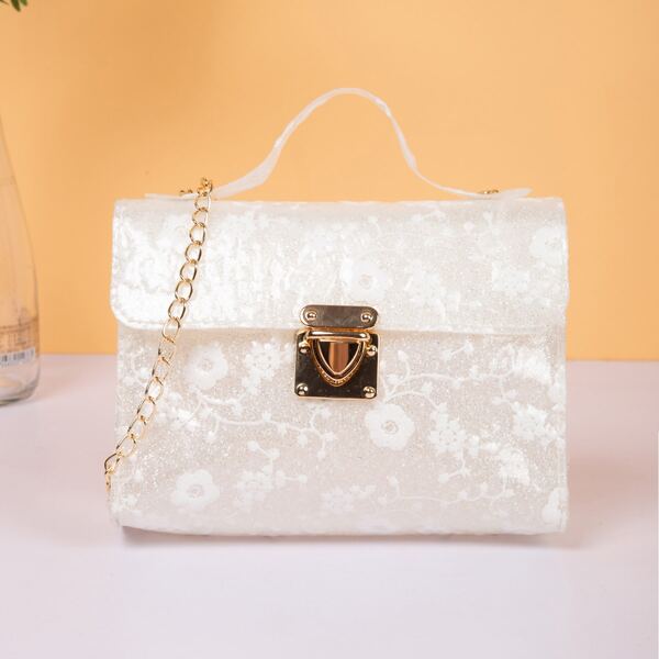 

Floral Embroidered Push Lock Chain Bag, White