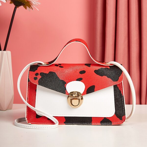 

Cow Pattern Push Lock Satchel Bag, Red