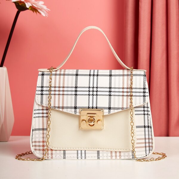 

Plaid Pattern Twist Lock Chain Bag, Beige