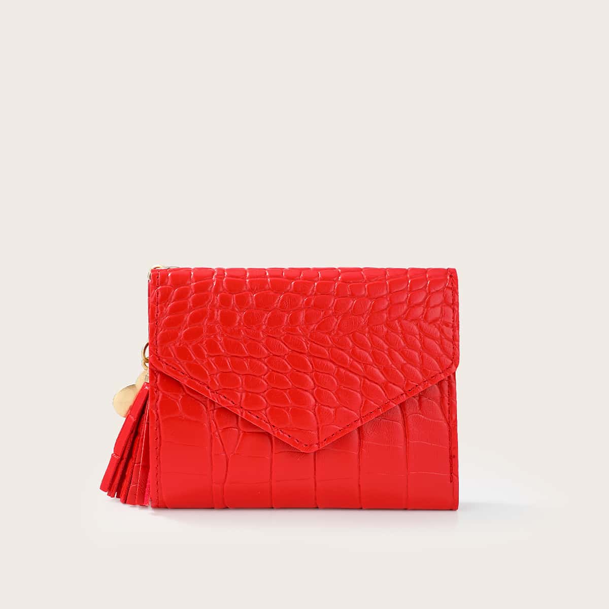 

Tassel Charm Croc Embossed Small Wallet, Red