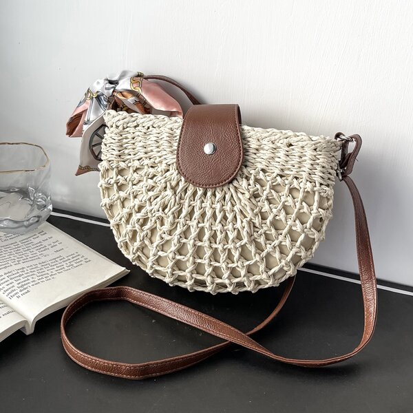 

Minimalist Snap Button Straw Bag, Beige