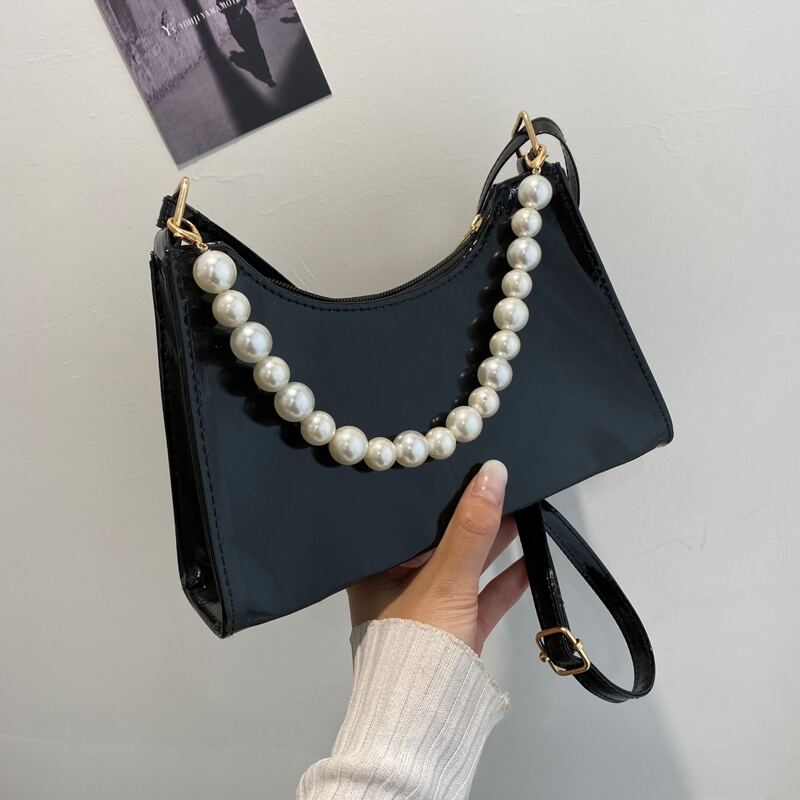 

Faux Pearl Handle Satchel Bag, Black