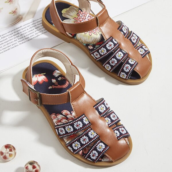 

Toddler Girls Floral Embroidery Gladiator Sandals, Brown
