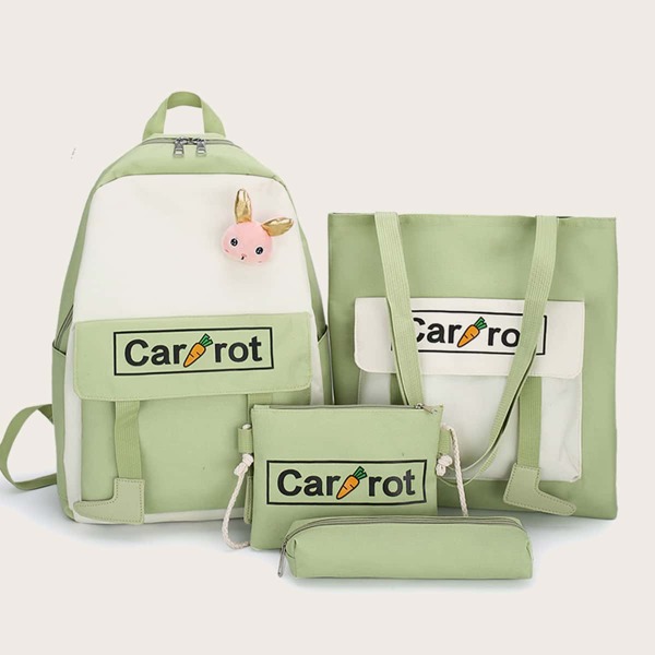 

4pcs Two Tone Large Capacity Backpack Set, Green