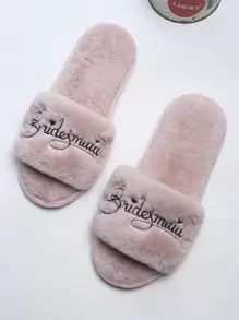 字母刺繡毛絨拖鞋,粉色字母刺繡女士家居拖鞋 - 粉色 - 查看 6