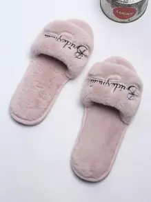 字母刺繡毛絨拖鞋,粉色字母刺繡女士家居拖鞋 - 粉色 - 查看 7