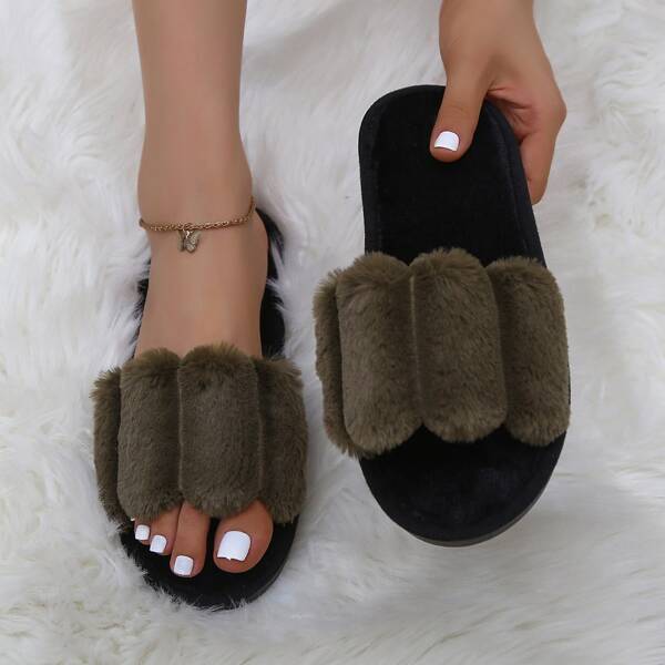 

Fluffy Open Toe Slippers, Coffee brown