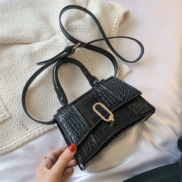 

Croc Embossed Flap Satchel Bag, Black