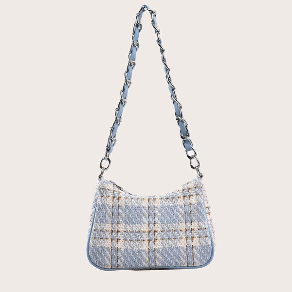

Plaid Pattern Chain Bag, Baby blue