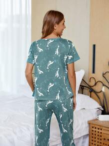 3 Bộ PJ in hình cá heo / Bộ Pyjama có miếng che mắt - Màu xanh lá cây đậm - Xem 2