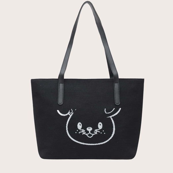 

Cartoon Graphic Tote Bag, Black