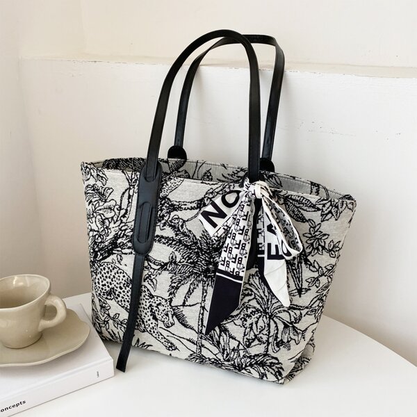 

Bow Decor Plant & Animal Graphic Shoulder Tote Bag, Black