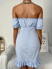 Vestido con estampado de guingán de hombros descubiertos con cordón delantero con cremallera trasera bajo con fruncido - Azul y blanco - Ver 2