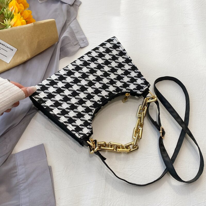 

Houndstooth Chain Satchel Bag, Black