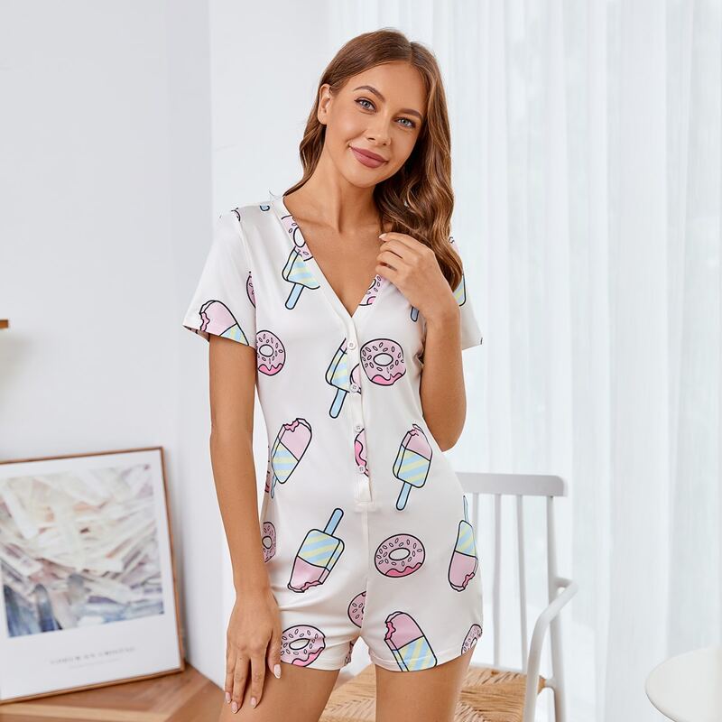 

Cartoon Graphic Button Front Sleep Romper, Multicolor