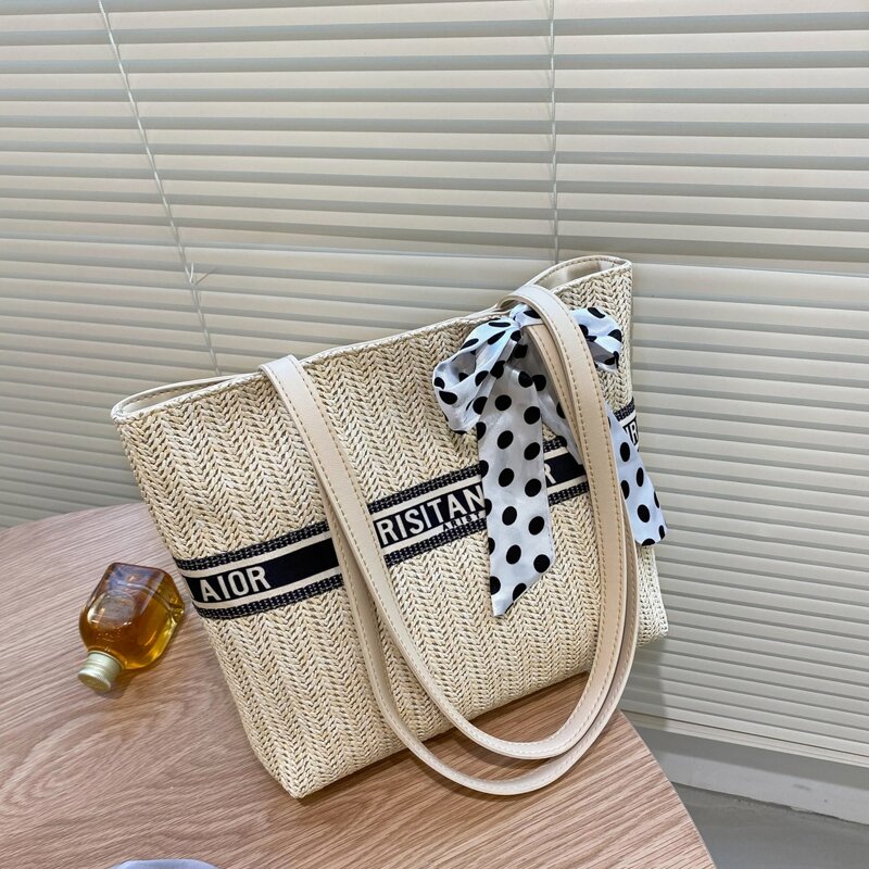 

Twilly Scarf Decor Letter Graphic Straw Bag, Beige